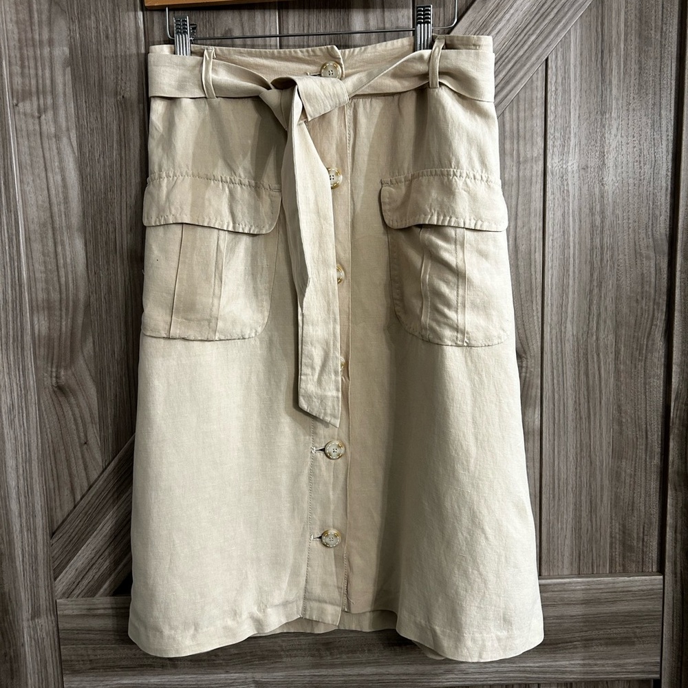 Neutral Cream A-Line Button Skirt with Waist Tie and Patch Pockets